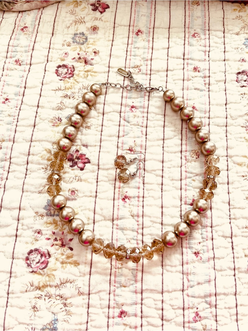 Wilma Beads / Gold Pearl and Crystal Necklace with Matching Earrings